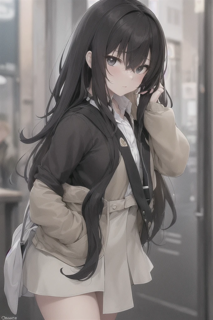 masterpiece, best quality, 1girl, uniform, hand in pocket, school bag, black hair, black eyes, cyberpunk, street, monochrome, lineart, Lúcia is a woman of serene beauty and luminous aura. Your skin is clear like porcelain, complemented by blonde hair that falls in soft waves over the shoulders. His eyes are the color of honey, shining with curiosity and kindness. She has a delicate and elegant figure, moving with a natural grace that contrasts with the nighttime scenery around them. Lúcia's smile is warm and welcoming, capable of illuminating even the darkest corners of the mind of those who observe it.