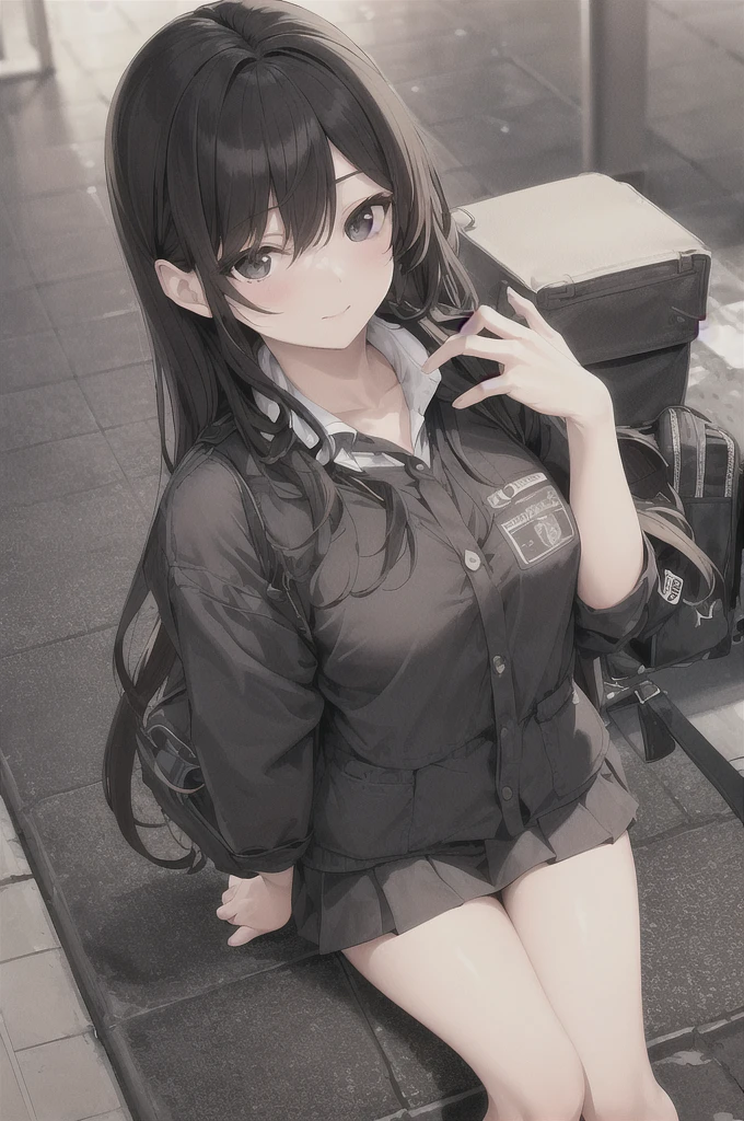 masterpiece, best quality, 1girl, uniform, hand in pocket, school bag, black hair, black eyes,  cyberpunk, street,  monochrome, lineart, Lúcia is a woman of serene beauty and luminous aura. Your skin is clear like porcelain, complemented by blonde hair that falls in soft waves over the shoulders. His eyes are the color of honey, shining with curiosity and kindness. She has a delicate and elegant figure, moving with a natural grace that contrasts with the nighttime scenery around them. Lúcia&#39;s smile is warm and welcoming, capable of illuminating even the darkest corners of the mind of those who observe it.