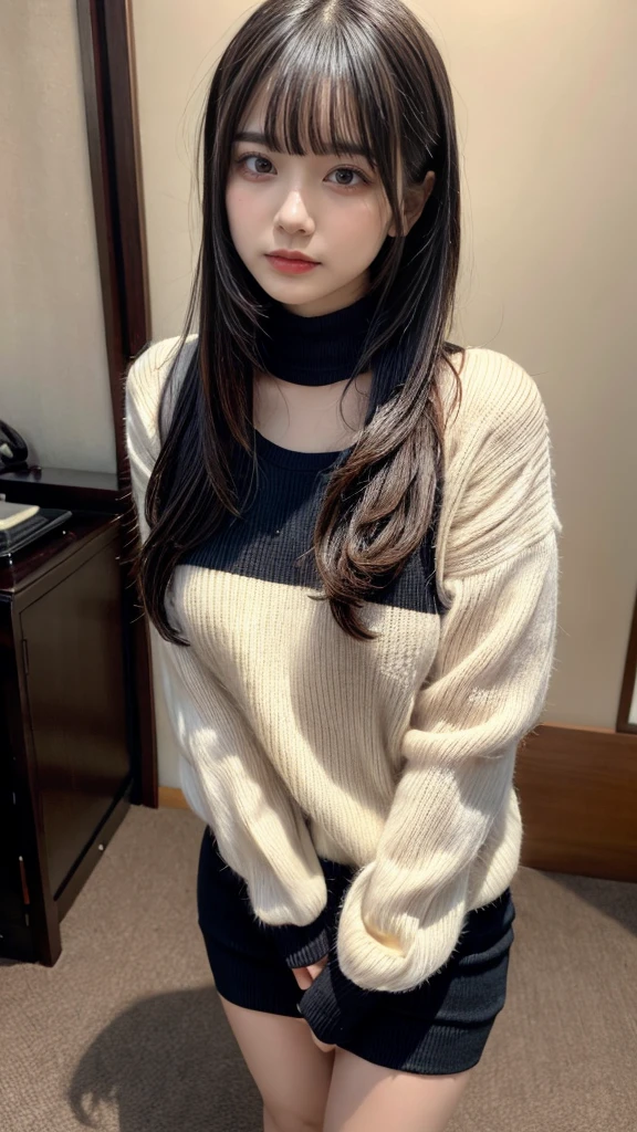 highest quality、8k、32k、masterpiece、Hmph:1.2)、One Girl、Girl with long hair、Beautiful Japanese Woman、Black-haired、Heavy bangs、Long sleeve shirt、Hair length、A fluffy white sweater、Don't expose it、D Cup,choker、plump breasts, large breasts, Bright red eyeliner、full body, perfect body shape