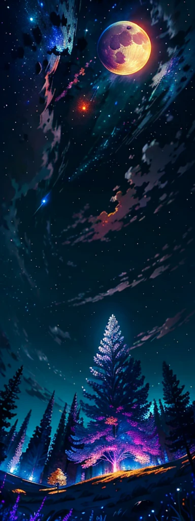 Expansive landscape photograph, (view from below with a view of the sky and the wilderness below), standing in a flower field looking up, (full moon: 1.2), (shooting star: 0.9), (nebula: 1.3), distant mountain, tree break production art, (warm light source: 1.2), (firefly: 1.2), lamp, purple and orange, intricate detail, volume lighting BREAK (masterpiece: 1.2), (highest quality ), 4k, ultra-detailed, (dynamic configuration: 1.4), highly detailed and colorful details (iridescent: 1.2), (sparkling lighting, atmospheric lighting), dreamy, magical, (solo: 1.2)