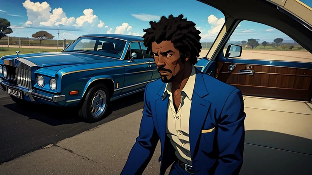 1970s african-american male walking out of prison and getting inside a "Rolls Royce", cinematic action, masterpiece, super detail, textured skin, atmospheric perspective,