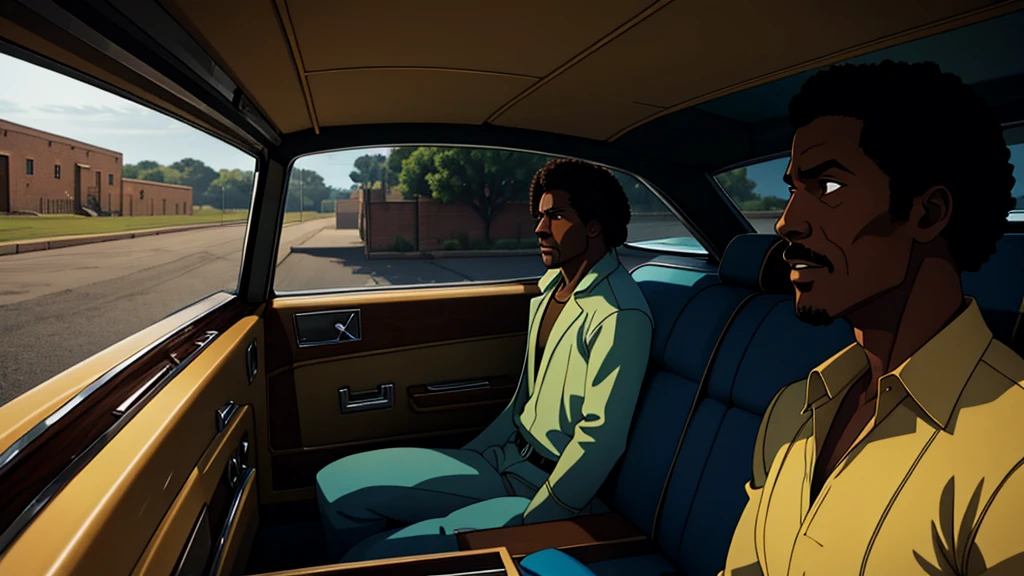 1970s african-american male walking out of prison and getting inside a "Rolls Royce", cinematic action, masterpiece, super detail, textured skin, atmospheric perspective,