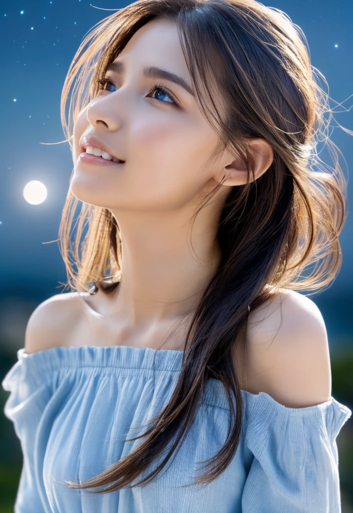 (Masterpiece:1.3), High resolution, Super detailed, Highly detailed CG Unity 8K wallpaper, Real, フォトReal, RAW Photos, Beautiful detailed face, Fair skin, Realな輝く肌, Detailed cloth texture, Detailed hair texture, Perfect Style, Beautiful Face, correct, Anatomically correct, Highly detailed face and skin texture, Natural neck length, (Wet body, Wet Hair:1.1)、
Blake detailed eyes、Symmetrical eyes、Brown eyes、double eyelid、Thin eyebrows、 (Sexy lips:1.3), (A happy smile:1.2), (cheek:1.2)
BREAK、 
((Innocent and cute girl:1.3)), ((Wearing an off-the-shoulder white blouse:1.4)), (Gold buckle belt), (Skinny jeans:1.2), (Cross strap high heels:1.2), (necklace、bracelet), (Thin hoop earrings), (Pinky ring), (Beautiful blue nails:1.2)、 
Layer Hairstyles、（Brown Hair：1.2）、（Wavy Hair：1.2）、Medium Long Hair、（Large Breasts、Firm breasts、Beautifully shaped breasts：1.1）、
break、 
((Standing to close:1.4))、((looking up at viewer:1.2))、 
((up:1.2)),(Focus on the face:1.2),(From above:1.2),(Outdoors on a stylish beachside terrace),((A night sky with many stars and a big full moon:1.3))、