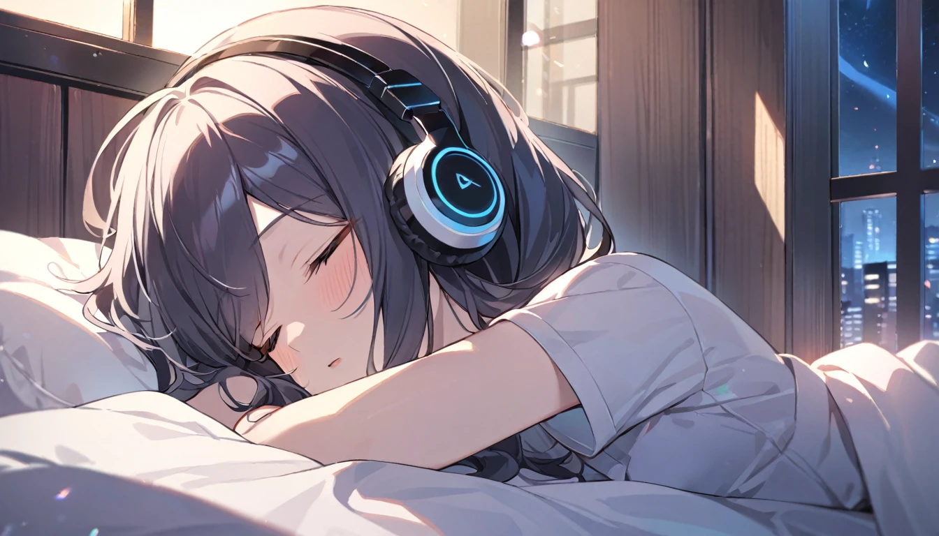 (Highest quality), 1 girl, Sleep in bed, listen to music, close your eyes, Headphones, In front of the window, night, relax