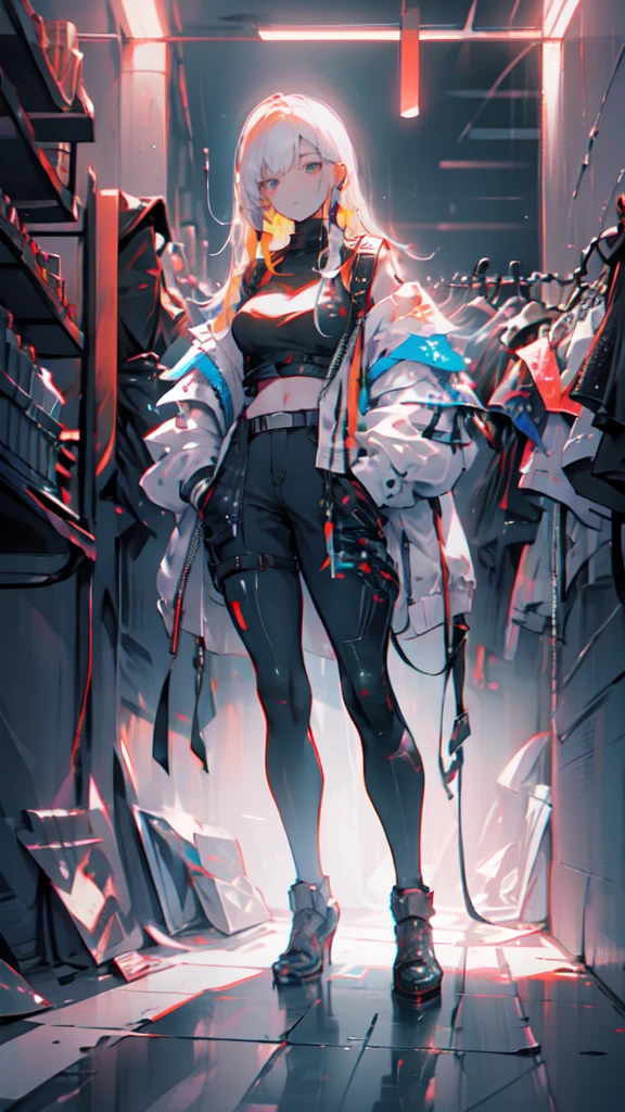 1 girl, long Yellow hair , cyberpunk, blue eyes, high heels, hand in pocket, best quality, 4k, 8k, highres, masterpiece:1.2, ultra-detailed, realistic, photorealistic, photo-realistic:1.37, HDR, UHD, studio lighting, ultra-fine painting, sharp focus, physically-based rendering, extreme detail description, professional, vivid colors, bokeh, cyberpunk, science fiction, neon lights, dark atmosphere, dramatic lighting