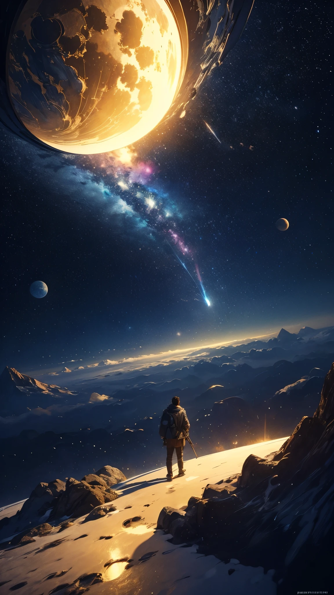 (Highly detailed CG Unity 8k wallpaper), A man looking up at the night sky, The most beautiful space art panorama, SF universe scenery, planet, Ed Blinky, Atey Gailan, Professional and spectacular paintings from Studio Ghibli, Jeremy Mann, Greg Manchess, Antonio Moro, Trending on Art Station, Trending on CGSociety, complicated, High detail, Sharp focus, dramatic, Photorealistic paintings by Midjourney and Greg Rutkowski