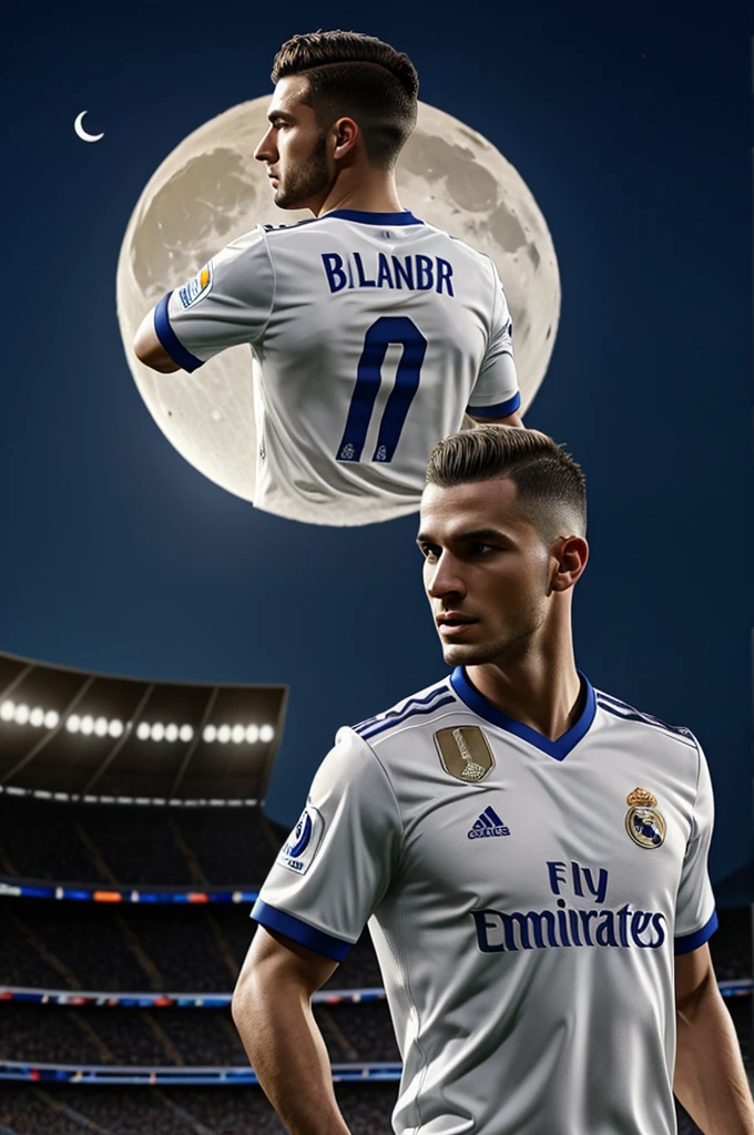 You can create a character with the Real Madrid shirt with the number 7 and above the number it says Bladimir and who is in a night landscape with the moon rising from a stadium