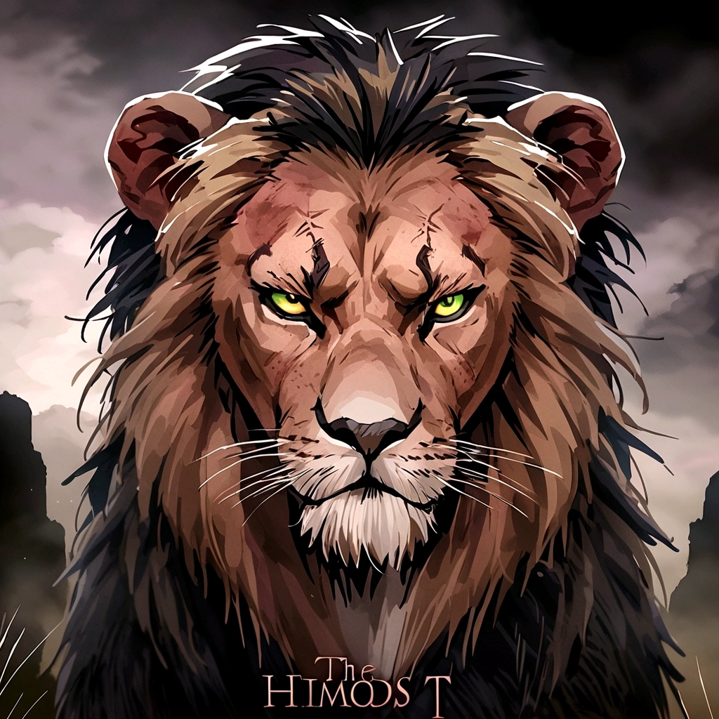 lion with a scrawny body, quite emaciated
of elegant thin black hair and tattered orange-brown skin and distinctive neon green almond-shaped eyes with numerous scars on his body, the most notable vertical one over his left eye, which is pink and slightly cloudy.