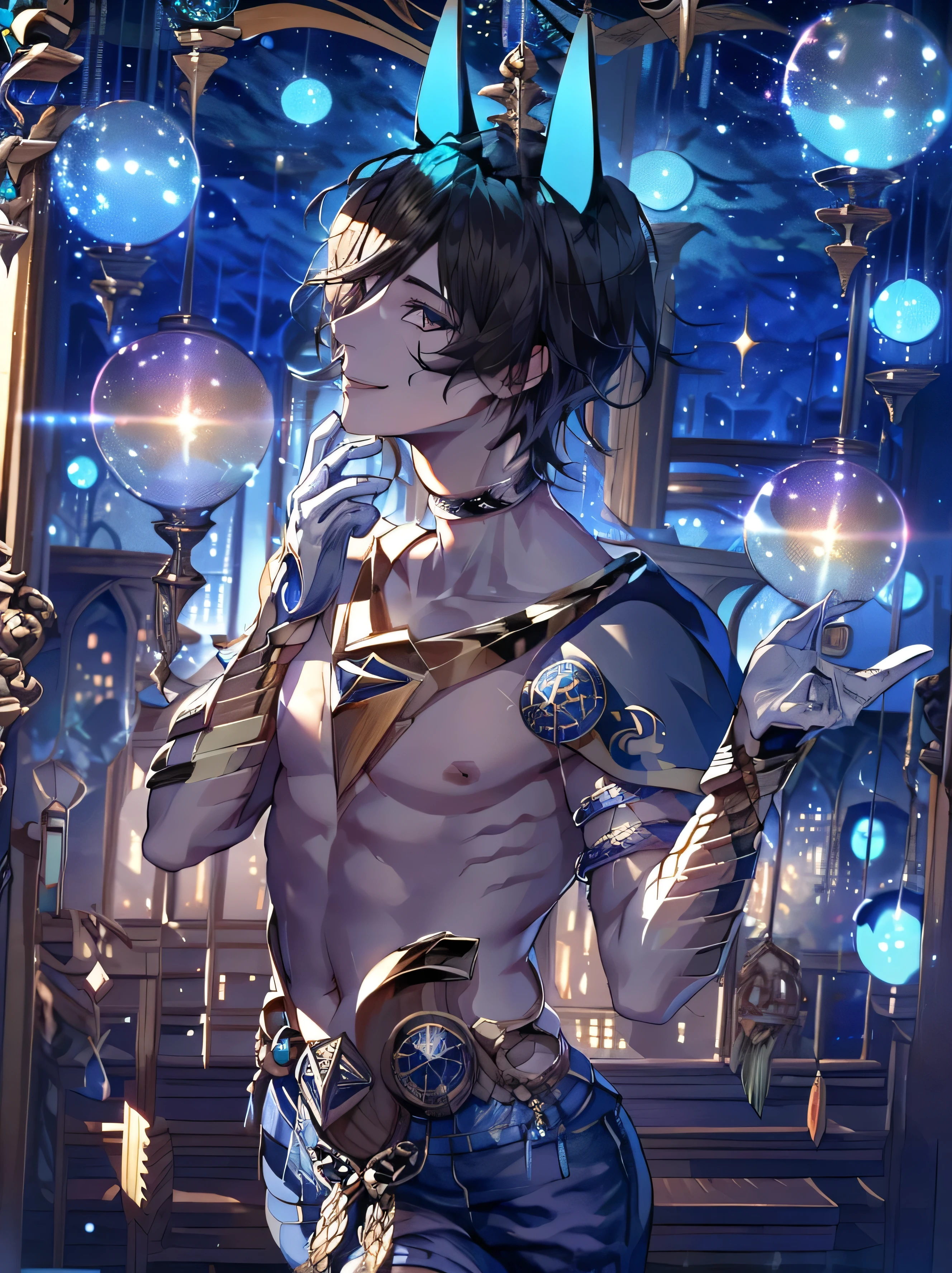 ((absurdres)), hd, uhd, (((HDR))), ((best quality)), (ultra high quality), (hi-res), ((1boy)), solo, alone, (arjuna alter (fate)), arjuna alter - third ascen (fate):1.3), ((short black hair)), ((black shirt, sleeveless, blue capelet, neck ring, jewelry, armlet, golden gauntlets, white gloves, tattoo, short blue horns)), perfect body, perfect anatomy, long legs, pants, (((thigh gap))), (smile), lips slightly parted, cute, facing viewer, hips twisted, ((dynamic)), one leg behind, medieval city, outside, buildings, cobblestone sidewalk, daytime, additional lighting, sunlight on face, noon, bright, bright sun, city scenery, ((upper body))