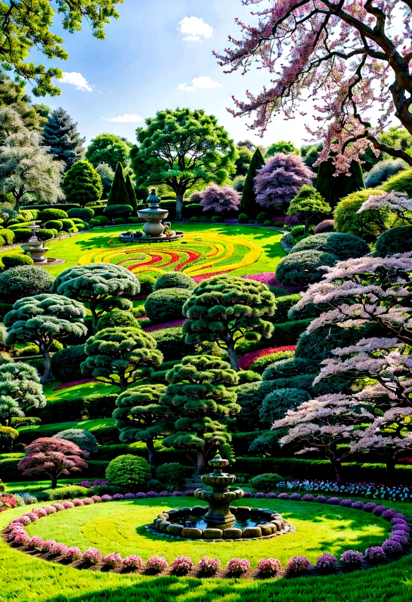 Picturesque green field with trees on the sides , adorned with colorful and vibrant flowers. with a zen garden and a fountain and a huge oak tree and little birds