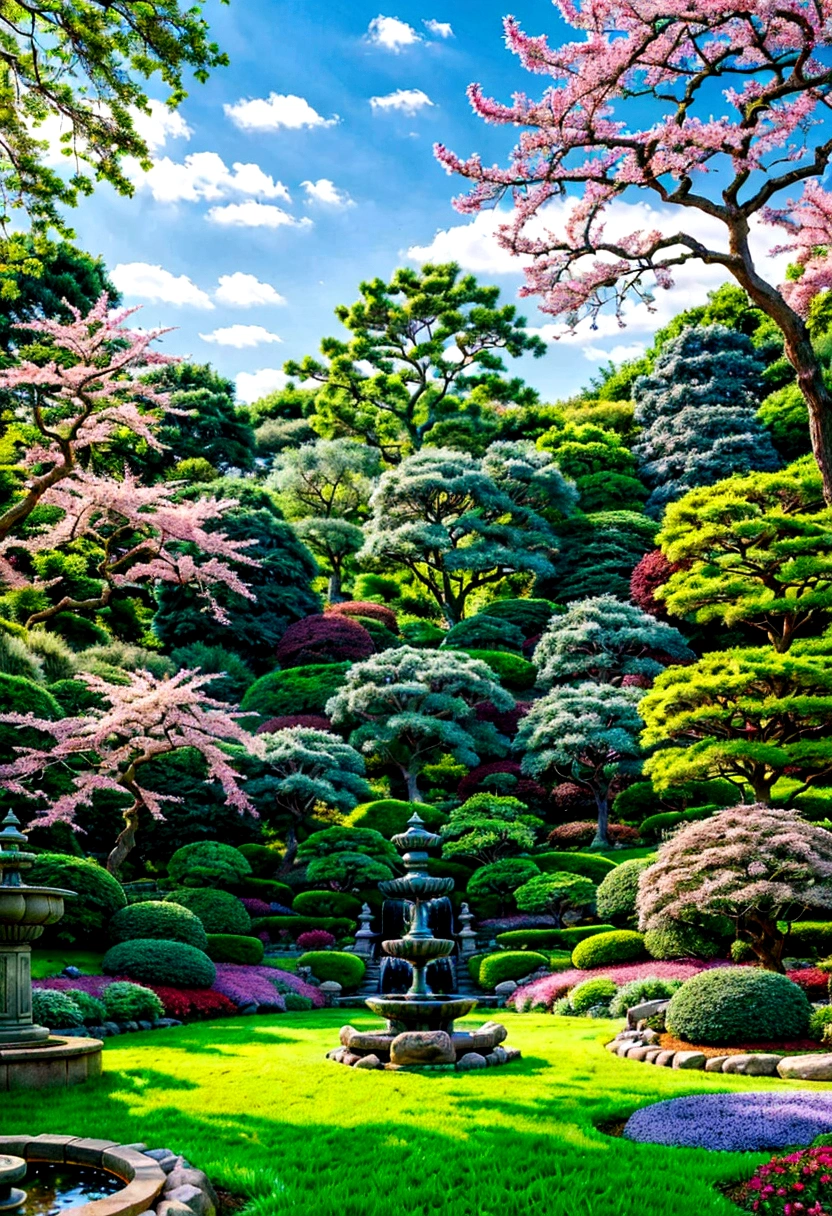 Picturesque green field with trees on the sides , adorned with colorful and vibrant flowers. with a zen garden and a fountain and a huge oak tree and little birds