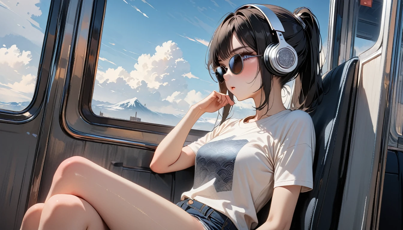 (((8K, Masterpiece, high resolution, highest quality, highest quality real texture skin))), ((wearing Japanese pattern headphones)), (((1 girl))), (((sit in a train seat))), (((Staring out the big window))), ((sunglasses)), (Japanese pattern Tシャツ, super mini shorts), (Black shiny hair, beige skin, ponytail)
