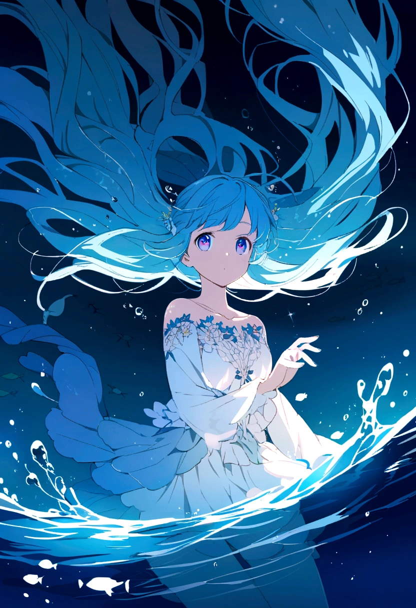 "Calm Night, Girl in the water, Blue Hair, Vivid eyes, Fantasy, Underwater background, anime. Bright colors"
