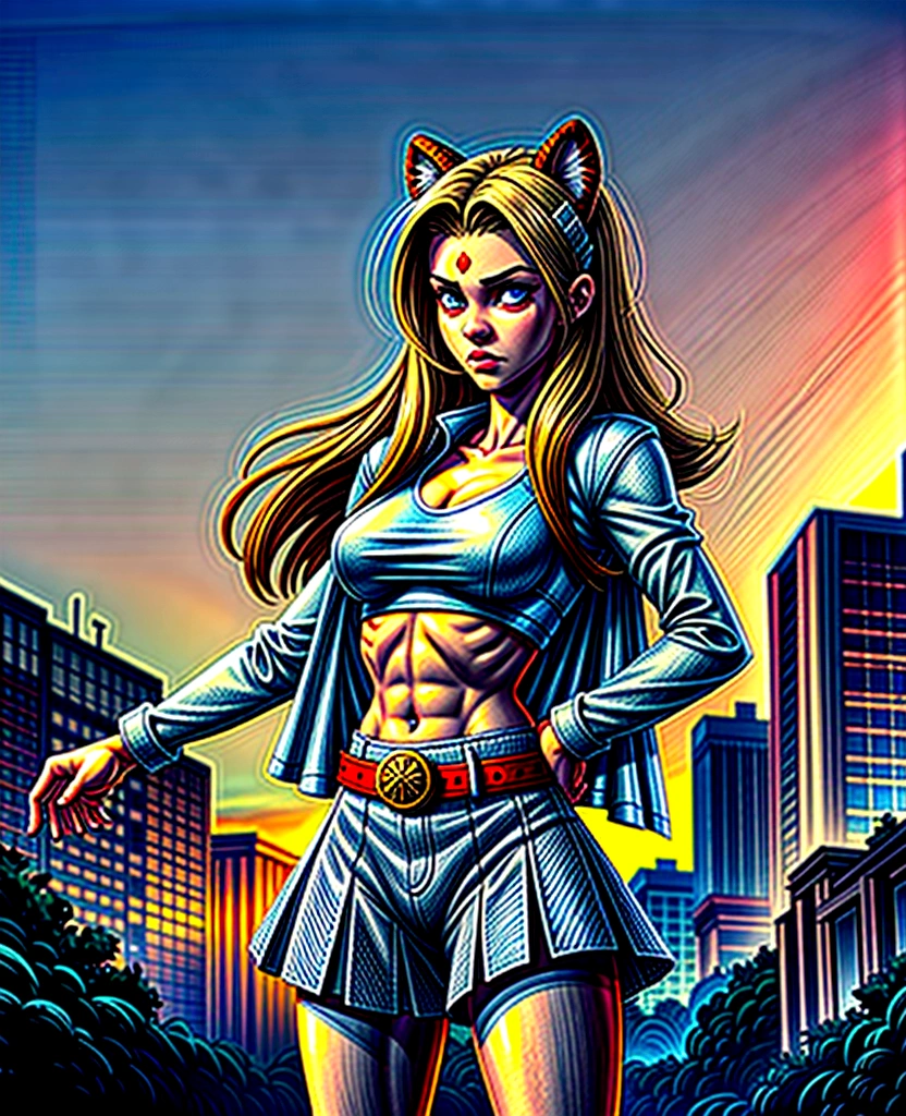 She is a tall teen woman with a toned body, her hair is long and spiky white and has red tips , her eyes are red with a golden cross that reaches to the edge of her iris, she is wearing a black short jacket, a black top shirt with a tiger skin skirt covering grey short pants and a red belt on her, She wears a headband in the shape of a white metal ring-shaped bow that appears to simulate a crown floating around her forehead, she has a gray Bo which she carries on her shoulder, Ultra Resolution, Ultra detail, ((top-quality)), ((​masterpiece)), (detailed), no animal ears
