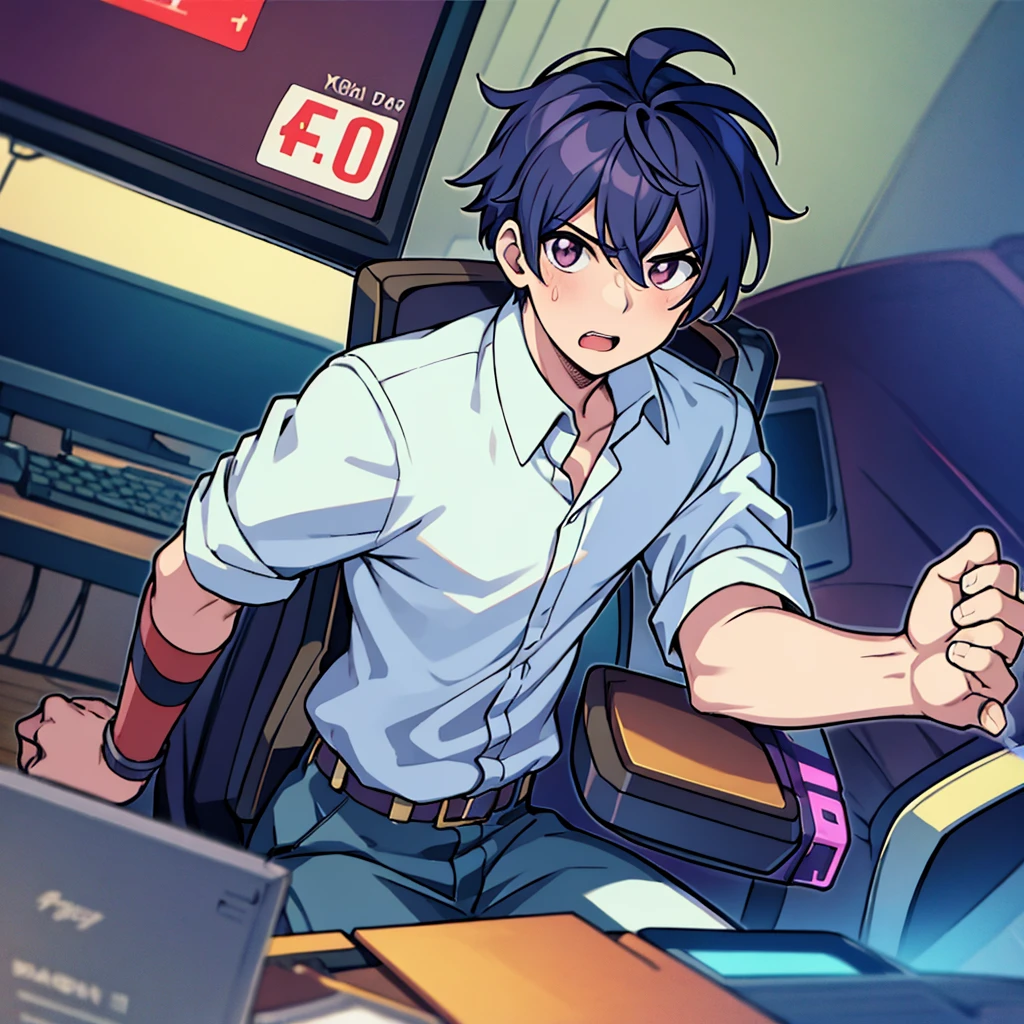 anime styling, Boy sitting on a gaming chair, with money in hands and on the table, behind him a computer, hot weather, vivid colors, cinematic shading, CG anime