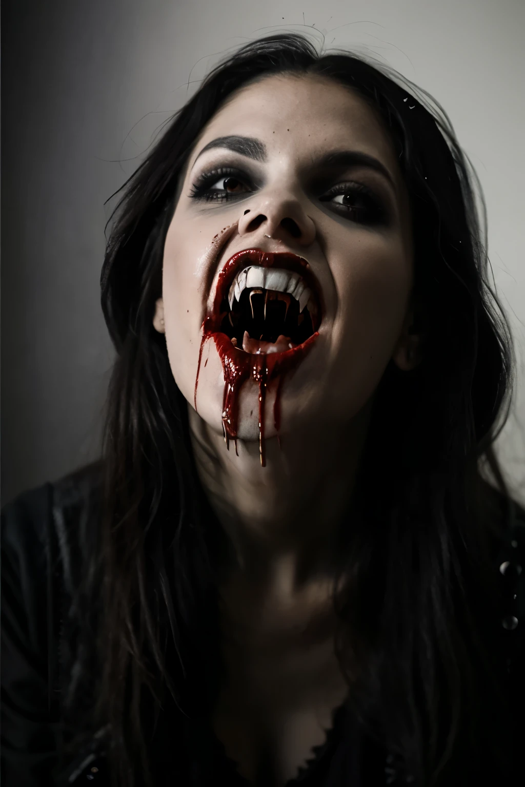(masterpiece, top quality, best quality, official art, beautiful and aesthetic:1.2), (black and white:1.5), a pale Vampire girl with white skin, long hair flowing, black hair, ((open mouth, vampire teeth, angry face)), ((blood dripping from mouth)), demon behind in all black, occult, oil painting:1.5, gloomy, holy, dark backgroound, black background, a dark shadow behind.