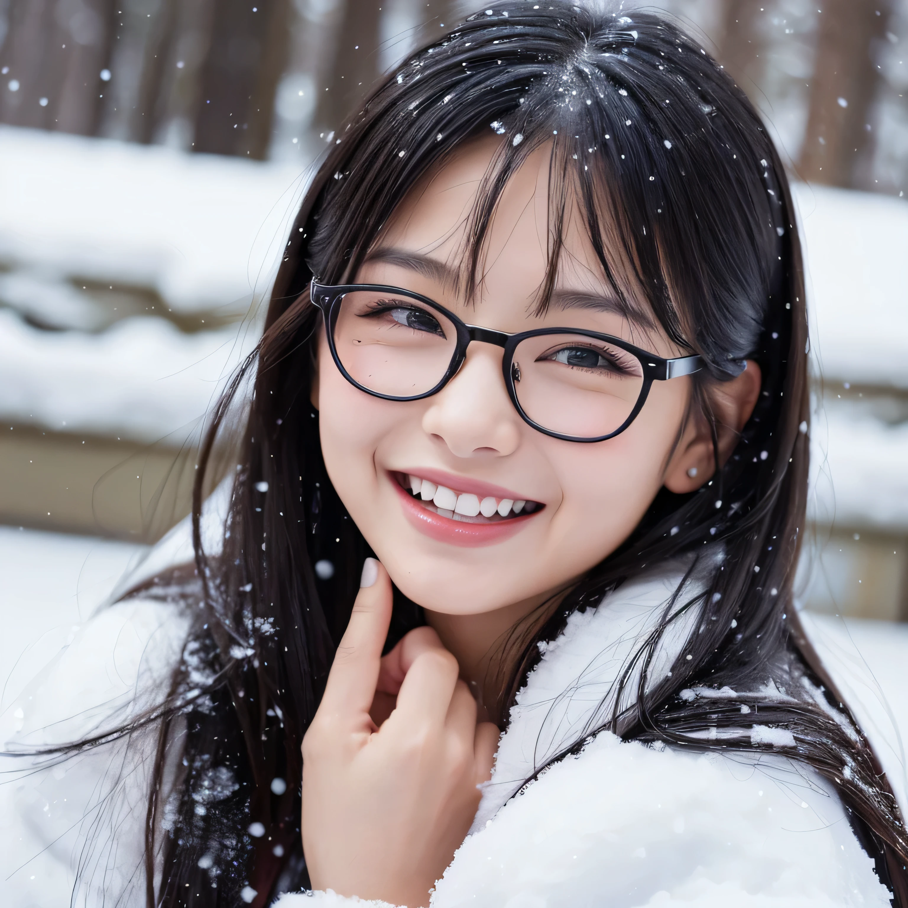 Naturally beautiful girl next door, Over the shoulder shot, Black Hair, snow (Happy, Excited laughter), Photorealistic, Hyperrealism, Highest quality, (Natural Skin Structure, Highly detailed face), masterpiece, Sharp focus、Glasses