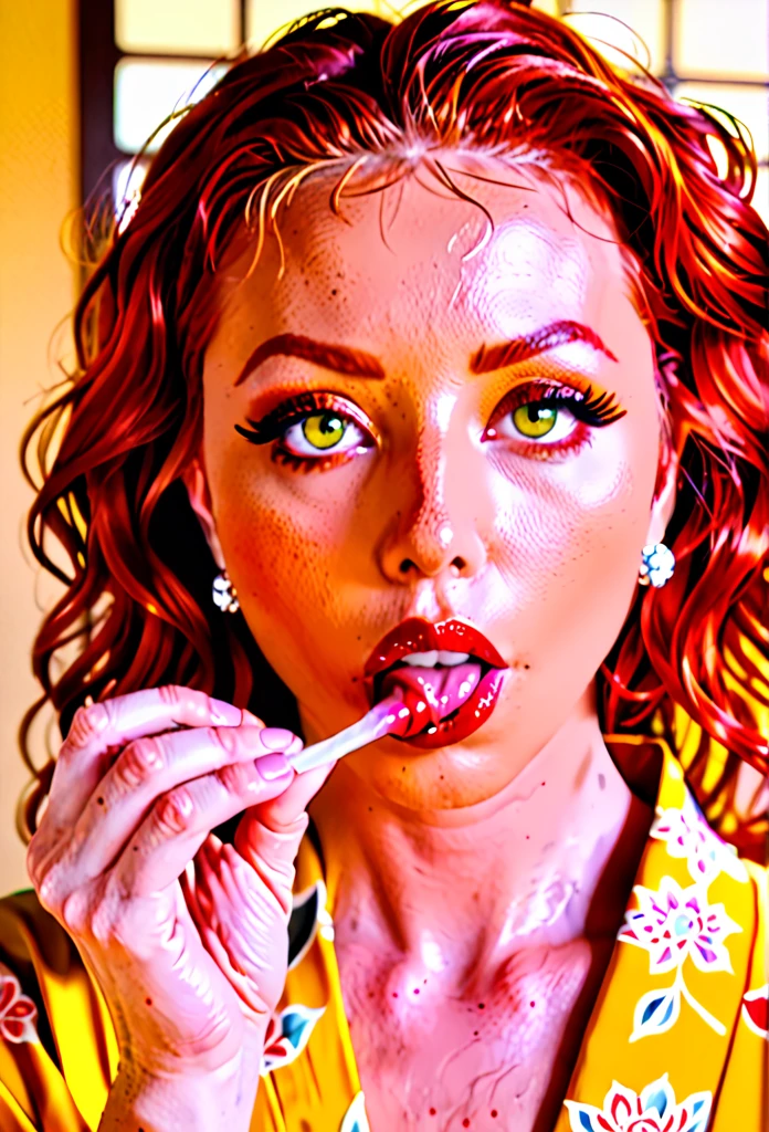 Modelshoot (Candid 1.3) photo of a vivacious 28-year-old polish supermodel, face full of cum, sucking dick, fullbody view, Striking eyes, voluminous wavy red hair, coy expression, lipgloss, wearing intricately detailed Yellow Kimono, looking at viewer, (upper body shot:1.5) Natural lighting, shot using a Leica T in the style of (Daniel Jackson:1.3) High detail, intricate, detailed face, detailed eyes, detailed skin, Shallow Depth of Field, Rustic Background,