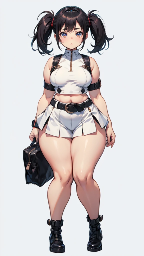 blank background, (((full body))), (masterpiece), ((best quality)), (very short girl), flat chest, short twintail, (wide hips:1.4), (thick thighs:1.5), (very short skirt), toeless footwear, belt below navel, fanny packs, bags