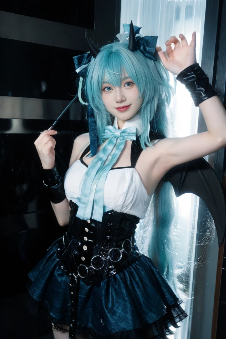 best quality, tmasterpiece,Ultra-high resolution,Clear face,(Reality:1.4),ferpect lighting,(upper body shot:1.5), (photorealistic:1.50), anime wallpaper, Guviz style artwork, cover-up fantasy up to magic , by Yang J, Guviz, beautiful artwork illustration, beautiful digital artwork, beautiful digital illustration, Li Song, beautiful anime portrait, art style in Beauvot, 1girl, 独奏, looking at viewer, smile, standing, full body, arms at side, hatsune miku cosplay costume, hatsune miku, cosplay, aqua hair, very long hair, twintails, shirt, corset, skirt, plaid skirt, detached collar, detached sleeves, arm warmers, bowtie, bow, horns, demon horns, demon wings, demon tail, ribbon, o-ring, chain, thigh strap, hair ribbon, hair bow, thighhighs, torn thighhighs, knee boots, belt boots, platform boots, Curtain background, indoor,