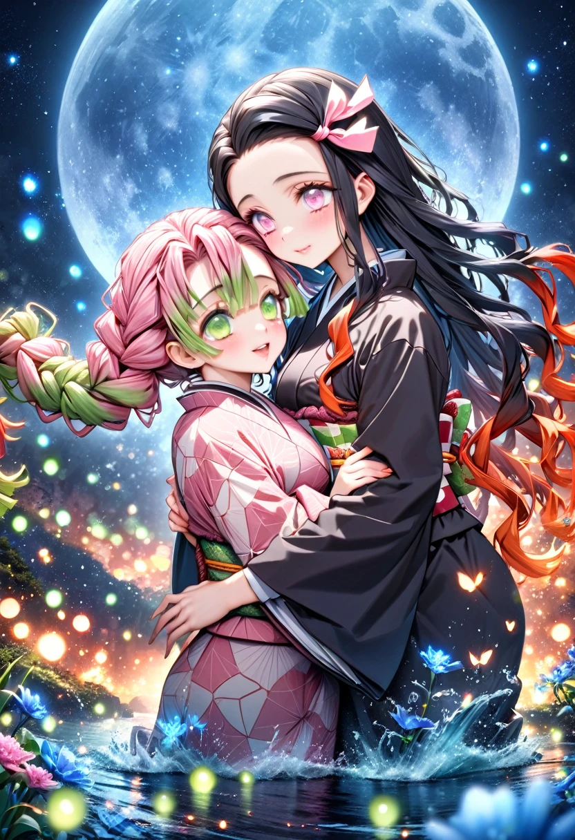 absurdres, highres, ultra detailed, HDR, masterpiece, Kamado Nezuko, black hair, expressive pink eyes, Kimetsu No Yaiba, Kanroji Mitsuri, pink hair, expressive green eyes, two women together, beautiful, kimono, magical, fantasy, water, blue moon, starry, blue fireflies, blue flowers