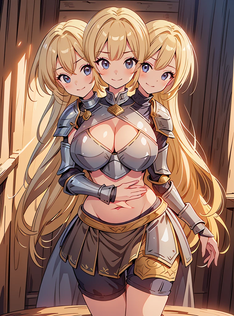 (masterpiece),(ultra-detailed), (high quality), (high resolution), (best quality:1.5, highres, UHD), highres, absurdo, ultra detail, ultra quality, (2heads:1.5), 1girl, ((golden blonde hair)), thighs, (gray armor), female warrior, (open belly), (open breasts), exposed midriff, huge tits, (medieval outfit), (black eyes), cropped armored chest piece, gorgeous female knight, Guild Clothes with Armor, Fantasyart:1.5, (1 Female Knight:1.5), Detailed and detailed depiction armor, (seductive smirk), detailed eyes, revealing armor, 