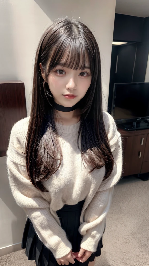 highest quality、8k、32k、masterpiece、Hmph:1.2)、One Girl、Girl with long hair、Beautiful Japanese Woman、Black-haired、Heavy bangs、Long sleeve shirt、Hair length、A fluffy white sweater、Don't expose it、D Cup,choker、plump breasts, large breasts, Bright red eyeliner、full body, perfect body shape