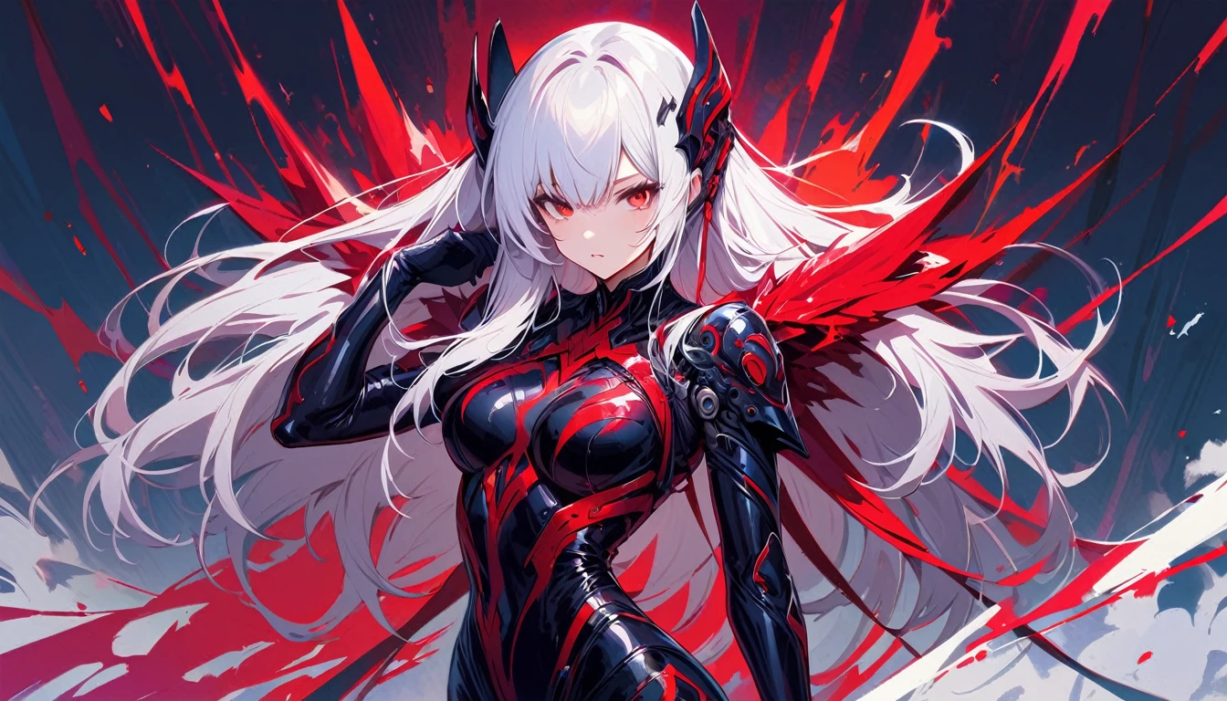 masterpiece, best quality, 8K, number, 1 girl, Solitary, stand up, youth, White hair, Long white hair, Hair accessories, Red Eyes, Round pupil, Emotionless expression, Blood, Mechanical Parts, electric wire, cable, Failure Effect, Shocking, Science fiction, Futuristic, The background is very dark, Neon, Cyberpunk Characters, Surreal, Strange, Disturbing, Creepy, Shocking, Jumpsuit,Red Eyes,Venom,nigrescence,Long black gloves,One-piece Pants,Tight latex bodysuit,Highlight her graceful figure,Wrap the whole body,Symbiote,((Sexy highlighted)),Jumpsuit,Red Eyes,Venom,nigrescence,Long black gloves,One-piece Pants,Black latex suit,Blood-Red Eyes,best quality, high resolution, Very detailed, Vivid texture, mask, Tight latex bodysuit, Bangs,Purple Hair, blue eyes