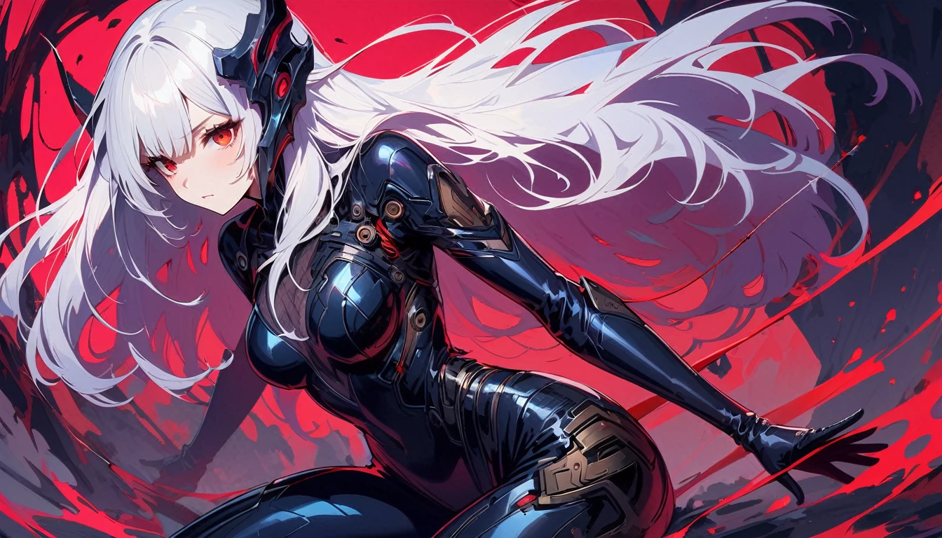 masterpiece, best quality, 8K, number, 1 girl, Solitary, stand up, youth, White hair, Long white hair, Hair accessories, Red Eyes, Round pupil, Emotionless expression, Blood, Mechanical Parts, electric wire, cable, Failure Effect, Shocking, Science fiction, Futuristic, The background is very dark, Neon, Cyberpunk Characters, Surreal, Strange, Disturbing, Creepy, Shocking, Jumpsuit,Red Eyes,Venom,nigrescence,Long black gloves,One-piece Pants,Tight latex bodysuit,Highlight her graceful figure,Wrap the whole body,Symbiote,((Sexy highlighted)),Jumpsuit,Red Eyes,Venom,nigrescence,Long black gloves,One-piece Pants,Black latex suit,Blood-Red Eyes,best quality, high resolution, Very detailed, Vivid texture, mask, Tight latex bodysuit, Bangs,Purple Hair, blue eyes