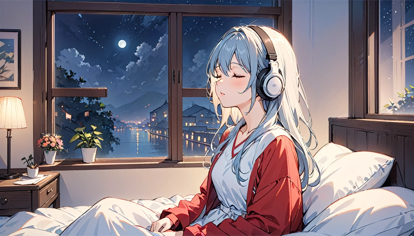 (Highest quality), 1 girl, Sitting in bed, listen to music, close your eyes, In front of the window, night, relax