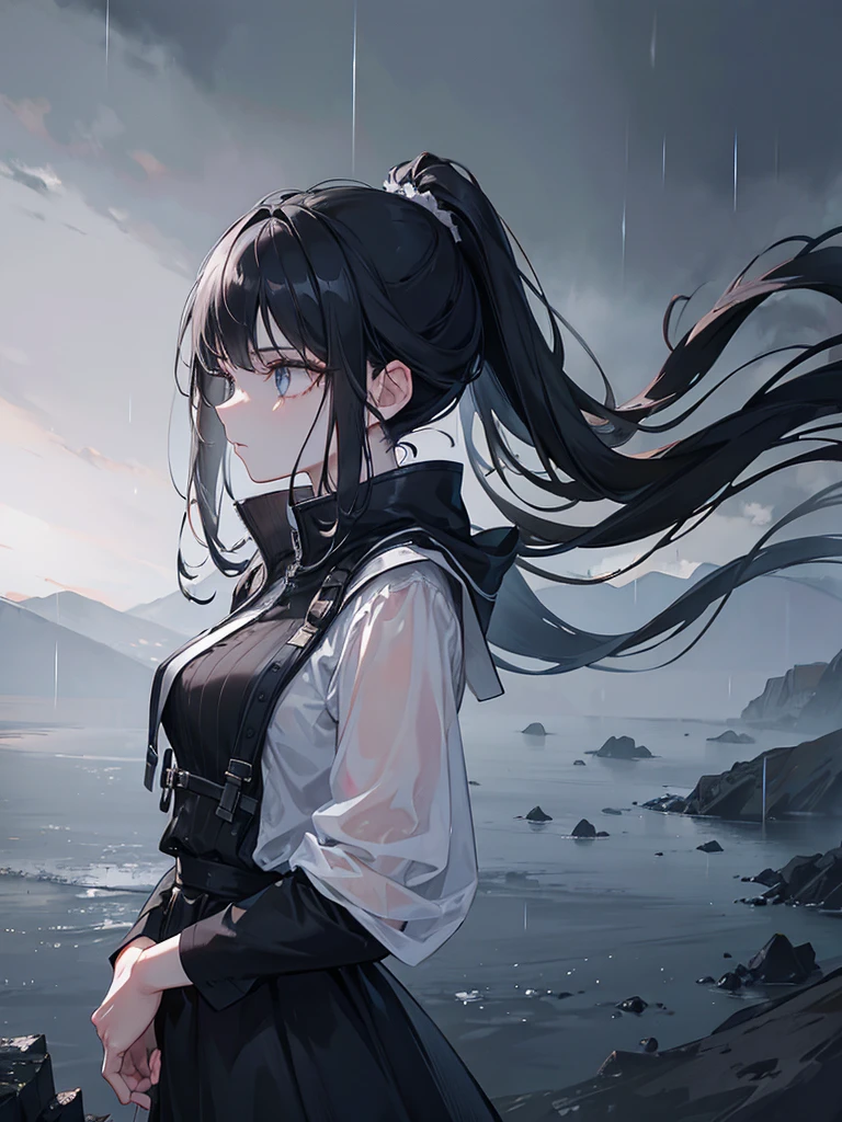 1 girl standing on the edge of a cliff, rain, long black hair in high ponytail, side profile, hands in pockets, black dress，grey eyes，atmospheric lighting, cinematic, dramatic, moody, realistic, beautiful detailed eyes, beautiful detailed lips, extremely detailed face and features, ultra-detailed, 8k, best quality, masterpiece, photorealistic，hands in pockets，