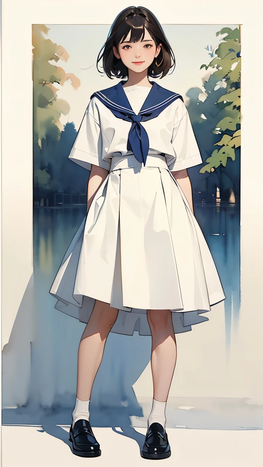 (1 Girl、alone、whole body、natural standing posture)、(Standing casually)、(whole body:1.4)、(whole bodyショーケース)、(whole bodyを見せる)、((Character Concept Art))、(Portraiture:1.2)、(Detailed facial depiction、A kind smile)、Short dark brown hair、White Sailor Suit、Navy blue sailor color、uniform、Long skirt、Pleated skirt、shoes、loafers、(Vintage、Classic)、((No background))、((White Background))、Blur the background、(No logo)、((Watercolor of singer Sargent))、Impressionist style painting、(Highest quality、masterpiece)、