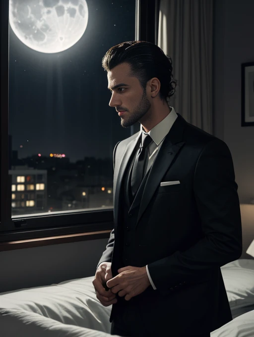 30 years old man, hair combed up, suit and tie, expression neutra, dark bedroom, moonlight coming through the window