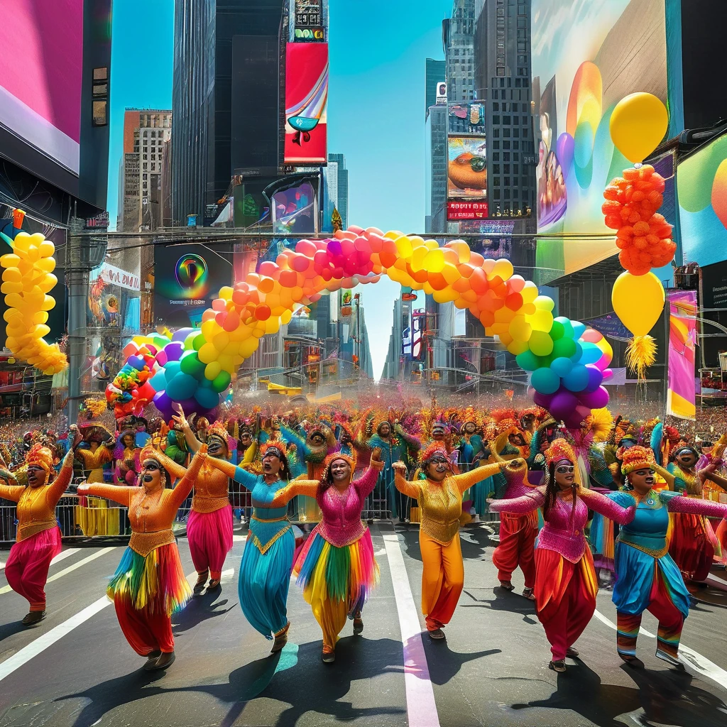 A hyper-realistic, ultra-detailed, ultra-HD vertical artwork of the Times Square Pride Parade. The scene is vibrant and full of life, capturing the essence of celebration and unity. The 3D perspective and illusions of depth and dimensionality draw the viewer into the bustling atmosphere. In the foreground, a diverse crowd of people, dressed in colorful outfits adorned with rainbow flags, face paint, and festive accessories, are cheering and dancing. The expressions on their faces are joyful and full of pride. Some hold signs with powerful messages of love and acceptance, while others wave flags and blow bubbles that catch the light. Behind them, the iconic skyscrapers of Times Square loom tall, their massive digital billboards displaying vibrant, supportive messages and animations celebrating the LGBTQ+ community. The bright lights and advertisements reflect off the windows of the surrounding buildings, adding to the kaleidoscope of colors. A float moves through the parade, decorated with a giant rainbow arch and festooned with flowers, balloons, and glittering streamers. Performers on the float, dressed in dazzling costumes, dance energetically to the rhythm of upbeat music, their movements fluid and dynamic. In the midground, a group of drummers and musicians adds a lively beat to the scene, their instruments adorned with rainbow-colored ribbons. The energy of their performance is palpable, with the crowd around them dancing and clapping in time with the music. The background features a clear blue sky, contrasting with the vivid colors of the parade. High above, the sun casts a warm glow over the entire scene, creating realistic shadows and highlights that enhance the three-dimensional effect. Details such as confetti floating through the air, the shimmer of sequins on costumes, and the reflections of light on the pavement add to the richness of the image. The overall composition is dynamic and layered, with every element contributing to the sense of depth and imm