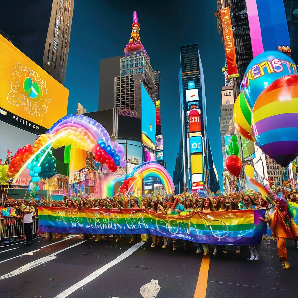 A hyper-realistic, ultra-detailed, ultra-HD vertical artwork of the Times Square Pride Parade. The scene is vibrant and full of life, capturing the essence of celebration and unity. The 3D perspective and illusions of depth and dimensionality draw the viewer into the bustling atmosphere. In the foreground, a diverse crowd of people, dressed in colorful outfits adorned with rainbow flags, face paint, and festive accessories, are cheering and dancing. The expressions on their faces are joyful and full of pride. Some hold signs with powerful messages of love and acceptance, while others wave flags and blow bubbles that catch the light. Behind them, the iconic skyscrapers of Times Square loom tall, their massive digital billboards displaying vibrant, supportive messages and animations celebrating the LGBTQ+ community. The bright lights and advertisements reflect off the windows of the surrounding buildings, adding to the kaleidoscope of colors. A float moves through the parade, decorated with a giant rainbow arch and festooned with flowers, balloons, and glittering streamers. Performers on the float, dressed in dazzling costumes, dance energetically to the rhythm of upbeat music, their movements fluid and dynamic. In the midground, a group of drummers and musicians adds a lively beat to the scene, their instruments adorned with rainbow-colored ribbons. The energy of their performance is palpable, with the crowd around them dancing and clapping in time with the music. The background features a clear blue sky, contrasting with the vivid colors of the parade. High above, the sun casts a warm glow over the entire scene, creating realistic shadows and highlights that enhance the three-dimensional effect. Details such as confetti floating through the air, the shimmer of sequins on costumes, and the reflections of light on the pavement add to the richness of the image. The overall composition is dynamic and layered, with every element contributing to the sense of depth and imm
