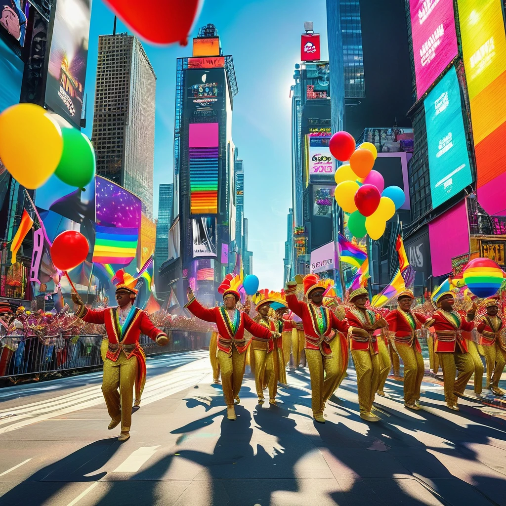 A hyper-realistic, ultra-detailed, ultra-HD vertical artwork of the Times Square Pride Parade. The scene is vibrant and full of life, capturing the essence of celebration and unity. The 3D perspective and illusions of depth and dimensionality draw the viewer into the bustling atmosphere. In the foreground, a diverse crowd of people, dressed in colorful outfits adorned with rainbow flags, face paint, and festive accessories, are cheering and dancing. The expressions on their faces are joyful and full of pride. Some hold signs with powerful messages of love and acceptance, while others wave flags and blow bubbles that catch the light. Behind them, the iconic skyscrapers of Times Square loom tall, their massive digital billboards displaying vibrant, supportive messages and animations celebrating the LGBTQ+ community. The bright lights and advertisements reflect off the windows of the surrounding buildings, adding to the kaleidoscope of colors. A float moves through the parade, decorated with a giant rainbow arch and festooned with flowers, balloons, and glittering streamers. Performers on the float, dressed in dazzling costumes, dance energetically to the rhythm of upbeat music, their movements fluid and dynamic. In the midground, a group of drummers and musicians adds a lively beat to the scene, their instruments adorned with rainbow-colored ribbons. The energy of their performance is palpable, with the crowd around them dancing and clapping in time with the music. The background features a clear blue sky, contrasting with the vivid colors of the parade. High above, the sun casts a warm glow over the entire scene, creating realistic shadows and highlights that enhance the three-dimensional effect. Details such as confetti floating through the air, the shimmer of sequins on costumes, and the reflections of light on the pavement add to the richness of the image. The overall composition is dynamic and layered, with every element contributing to the sense of depth and imm