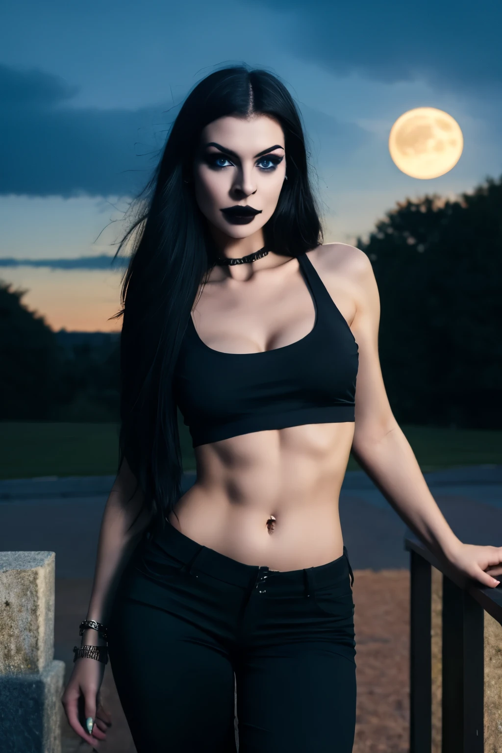 (masterpiece, best quality:1.2), 1girl, solo, Goth girl in cemitery under the moonlight , Pale skin Girl, black long hair thin waist, thick thighs, big breasts, six-pack abs, toned legs, biceps, black tank top, ripped black pants, gothic makeup, thick lips, Blue eyes. best quality, UHD, highres, 4K, textured skin, super detail, anatomically correct. Full moon background.