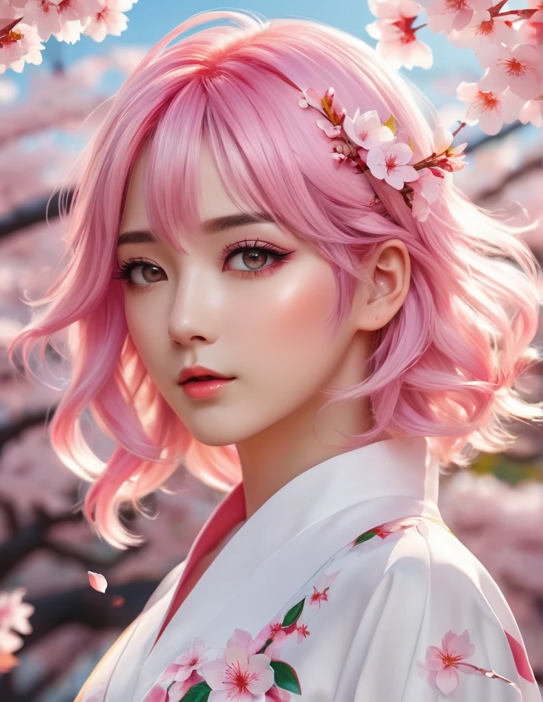 quality(8k wallpaper of extremely detailed CG unit, masterpiece, hight resolution, top-quality, top-quality real texture skin,hyper realisitic, digitial painting,increase the resolution,RAW photos,best qualtiy,highly detailed,the wallpaper),BREAK,8K, half face, Light pink hair, pink eyes, pink and white, sakura leafs, vivid colors, white dress, paint splash, simple background, ray tracing, wavy hair,