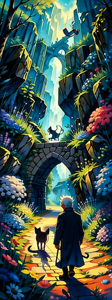 Old man a cat and mouse and the dog in a magical world of adventures flowers singing animals magical world