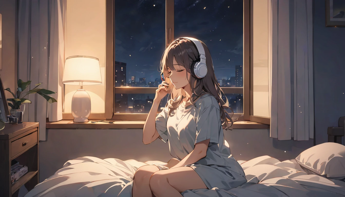 (Highest quality), 1 girl, Sitting in bed, listen to music, close your eyes, In front of the window, night, relax