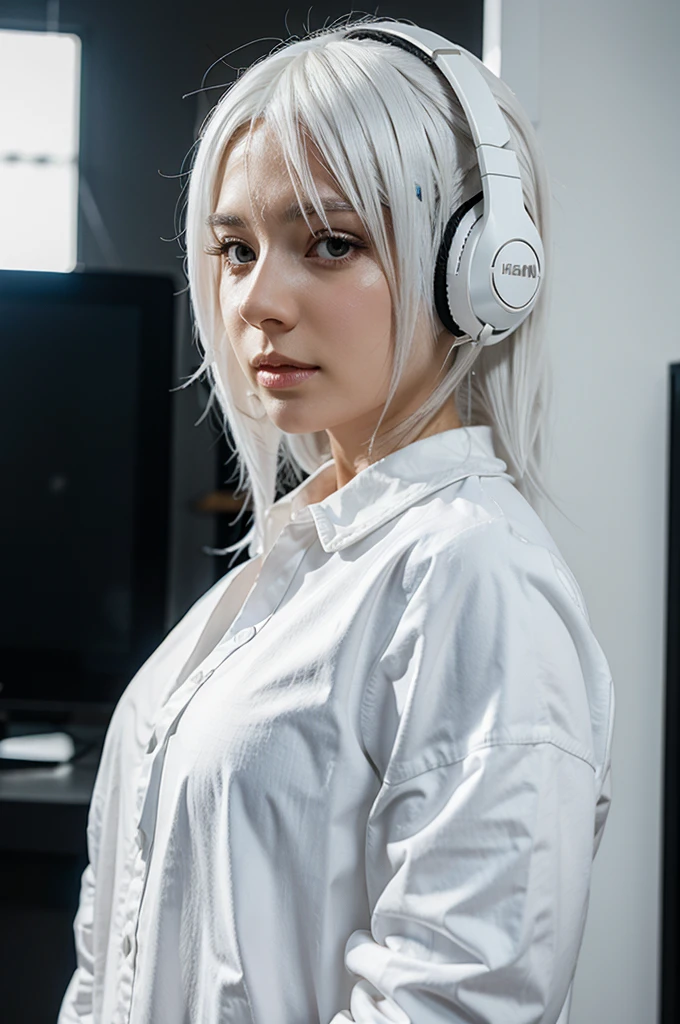 Anime with white hair, white clothes, wearing a black headset