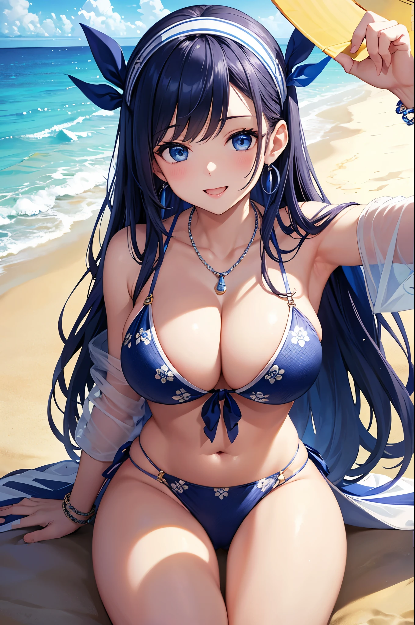 Highest quality、Highest quality、masterpiece、(8K),Beauty(Age 25)、Navy blue long hair、blue eyes、Sexy bikini with block check pattern、Big cleavage、(Big Breasts)、smile、blue necklace、Blue Earrings、background(Beach)、Please open your mouth wide、White headband、bracelet、Dynamic pose
