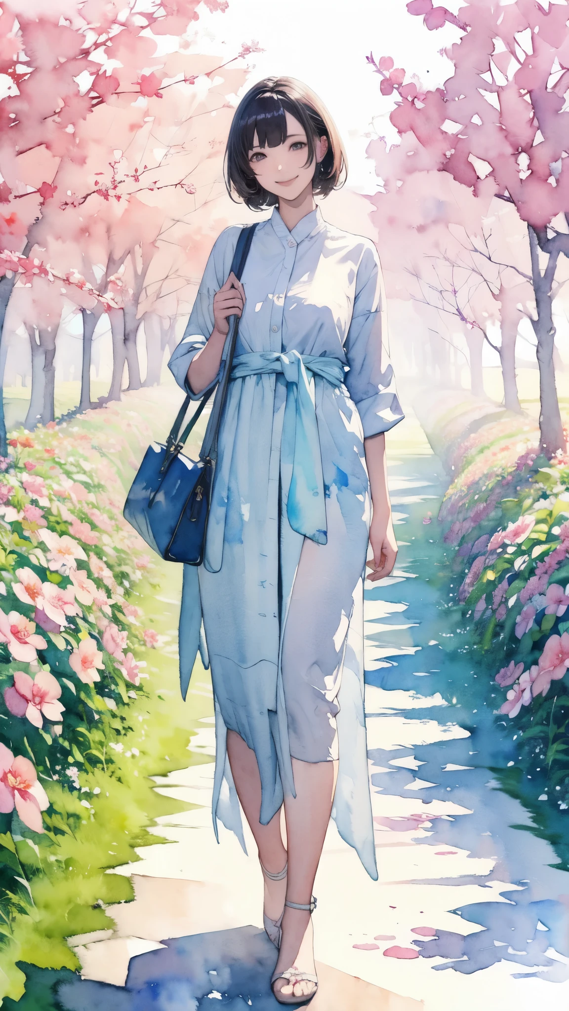(masterpiece),(Highest quality:1.2),(Very detailed:1.2),(High resolution),(((watercolor))),8K,Woman standing in a flower field,Beautiful flowers are blooming all around,透明watercolor,(smile)