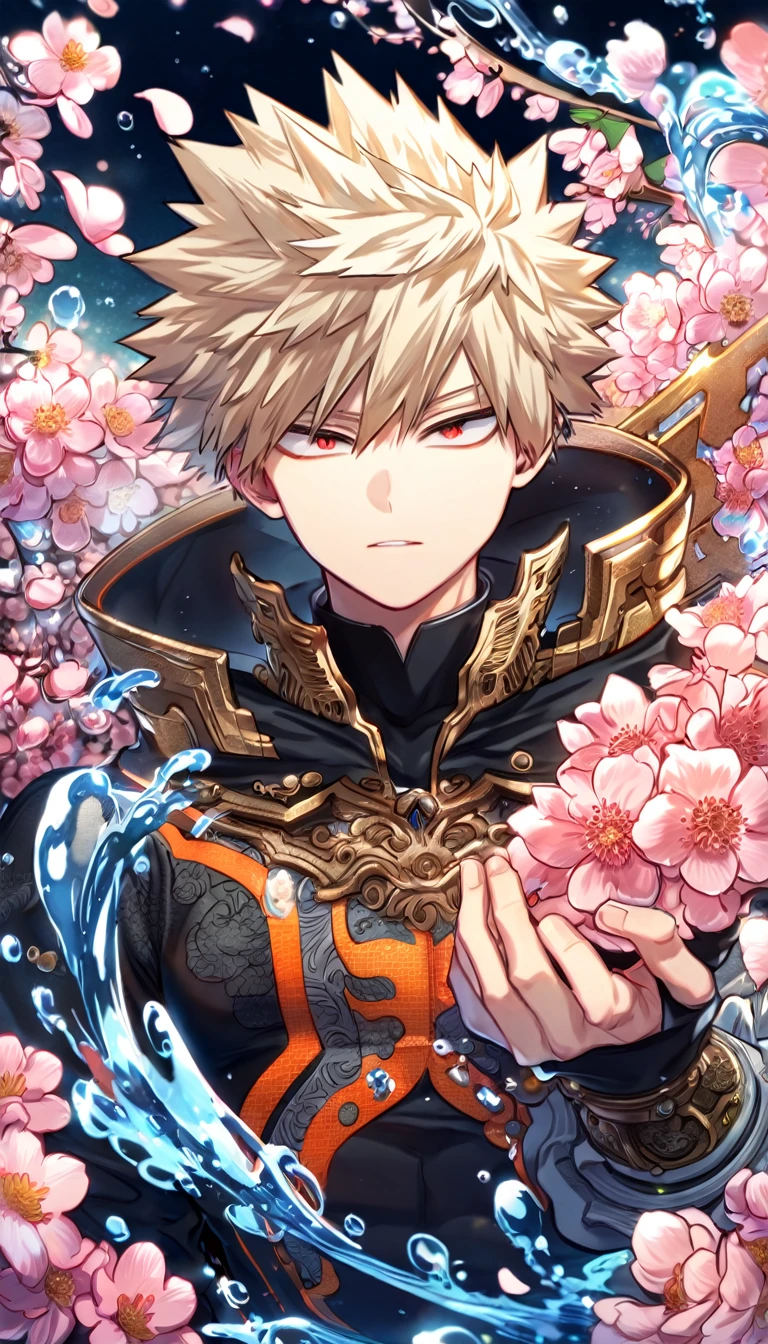 Ultra detailed, highres, absurdres, HDR, master piece, Bakugo Katsuki, ash-blond hair, expressivee red eyes, black clothes with patterns, Boku No Hero Academia, fantasy, pink petals, water, pink flowers, handsome, sexy man, solo, magical, best quality, blossoms, blue shining fireflies