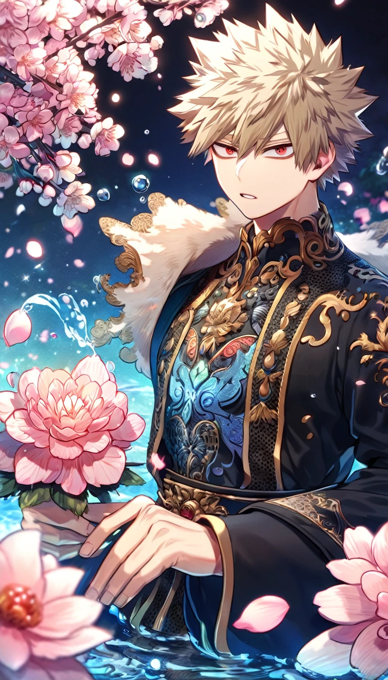 Ultra detailed, highres, absurdres, HDR, master piece, Bakugo Katsuki, ash-blond hair, expressivee red eyes, black clothes with patterns, Boku No Hero Academia, fantasy, pink petals, water, pink flowers, handsome, sexy man, solo, magical, best quality, blossoms, blue shining fireflies