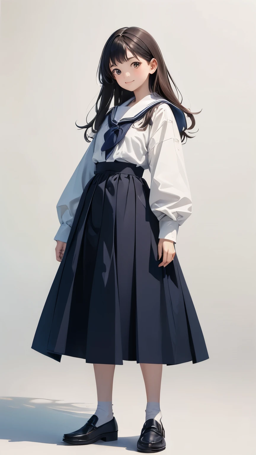 (1 Girl、alone、whole body、natural standing posture)、(Standing casually)、(whole body:1.4)、(whole bodyショーケース)、(whole bodyを見せる)、((Character Concept Art))、(Portraiture:1.2)、(Detailed facial depiction、A kind smile)、Short dark brown hair、White Sailor Suit、Navy blue sailor color、uniform、Long skirt、Pleated skirt、shoes、loafers、(Vintage、Classic)、((No background))、((White Background))、Blur the background、(No logo)、((Watercolor of singer Sargent))、Impressionist style painting、(Highest quality、masterpiece)、