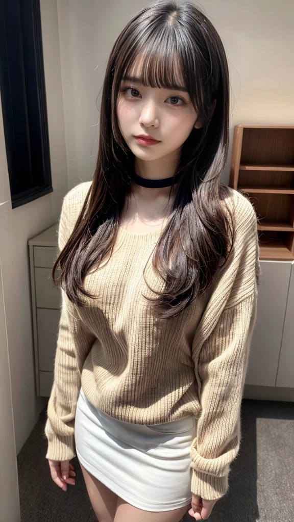 masterpiece, best quality, illustration, Super detailed, fine details, High resolution, 8K,wall paper, perfect dynamic composition,(Details High quality, realistic depiction of eyes:1.3), Long sleeve shirt、Hair length、A fluffy white sweater, choker, hotel room, black hair color, Big Natural Color Lip, sexy pose, crying a little、Harajuku style、20 year old girl、cute type、ta, hposing Gravure Idol, full body photo, Don't expose it, huge breasts
