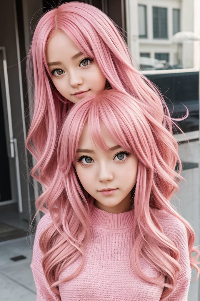 Anime girl with long pink hair,pink eyes ,red and cute sweater