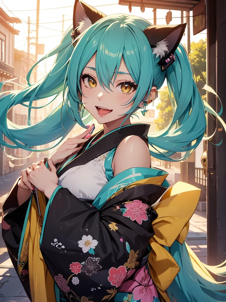 Hatsune Miku, makeup, earrings, yellow eyes, cat ears, showing the tongue, kimono
