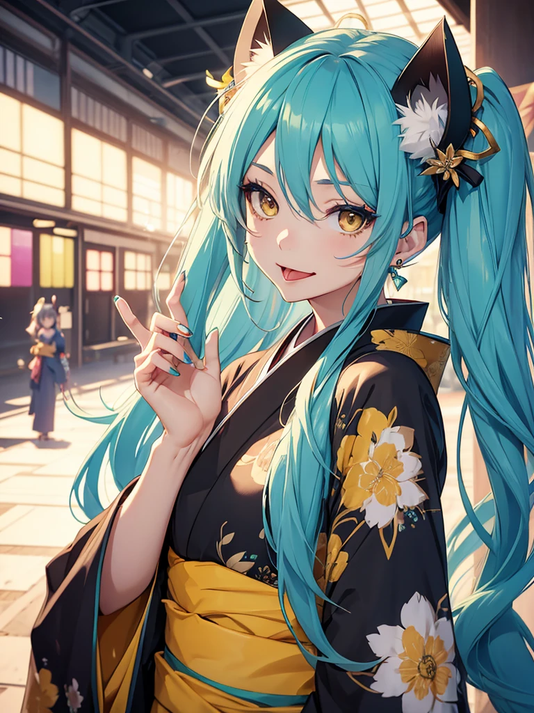 Hatsune Miku, makeup, earrings, yellow eyes, cat ears, showing the tongue, kimono